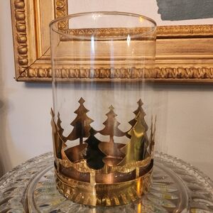 Brass Glass Hurricane Candle Holder Pine Tree Ring 7" Boho Holiday Decor Vintage